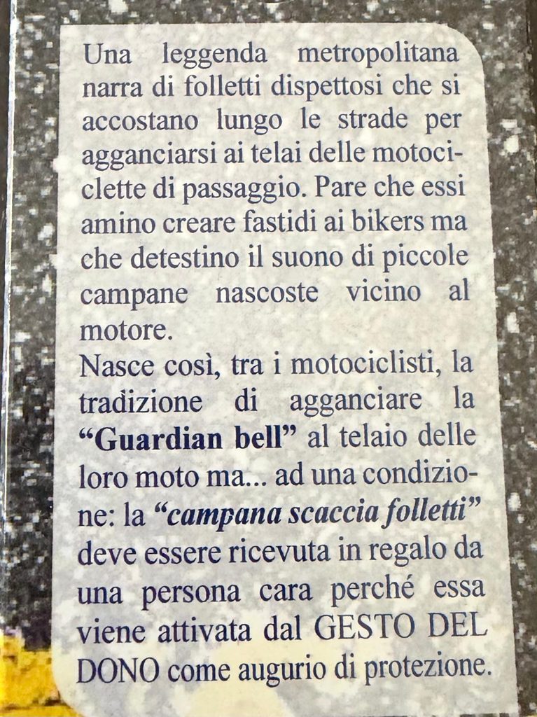 Testo della leggenda della campanella del motociclista stampato sulla confezione della fonderia Marinelli